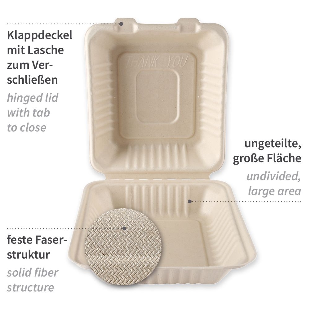 Bio Menüboxen mit Klappdeckel  Zuckerrohr, braun