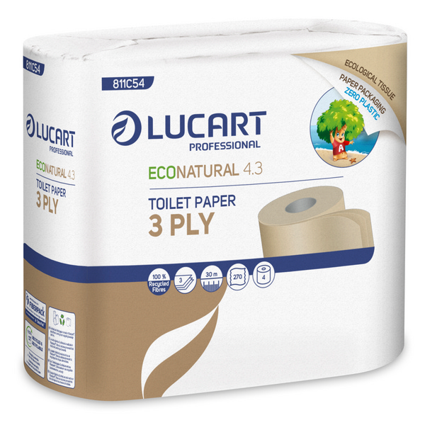 Toilettenpapier, 3-lagig, EcoNatural 9.6x11cm, 270 Blatt, Zero Plastic, Blumeprägung, havanna